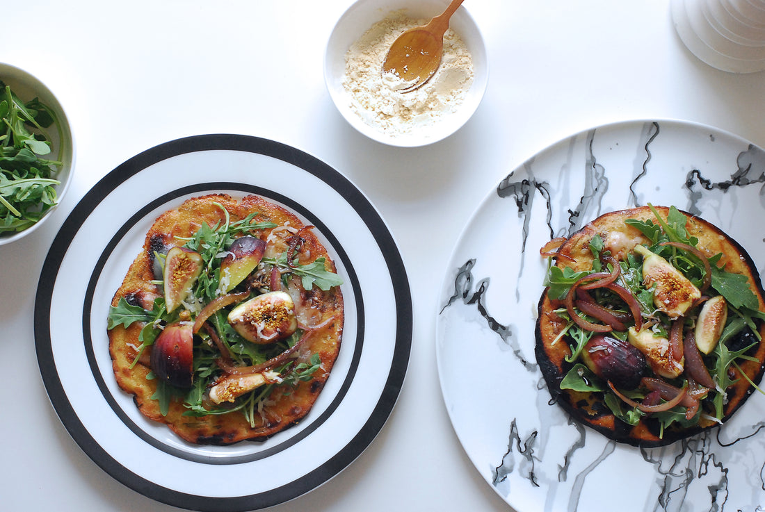 Fig, Arugula & Caramelized Onion Socca Pizzette