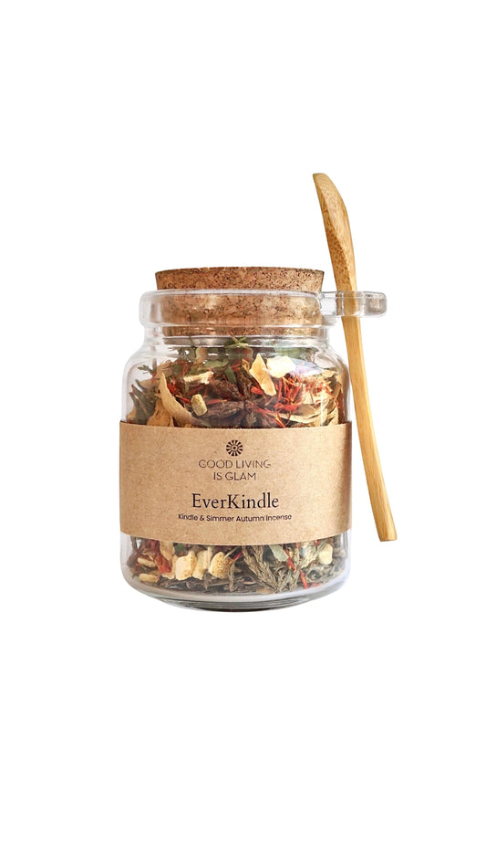 EverKindle Kindle & Simmer Autumn Incense jar with dried herbs and wooden spoon
