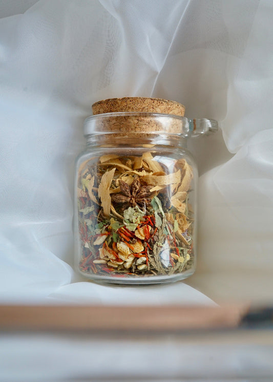 EverKindle - Kindle & Simmer Autumn Incense herbal floral blend in glass jar with cork lid for calming air purification