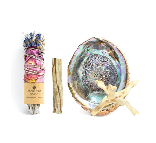 New Beginnings Herbal Palo Santo Incense Kit with lavender, rose, palo santo, and abalone shell for smudging and spiritual cleansing