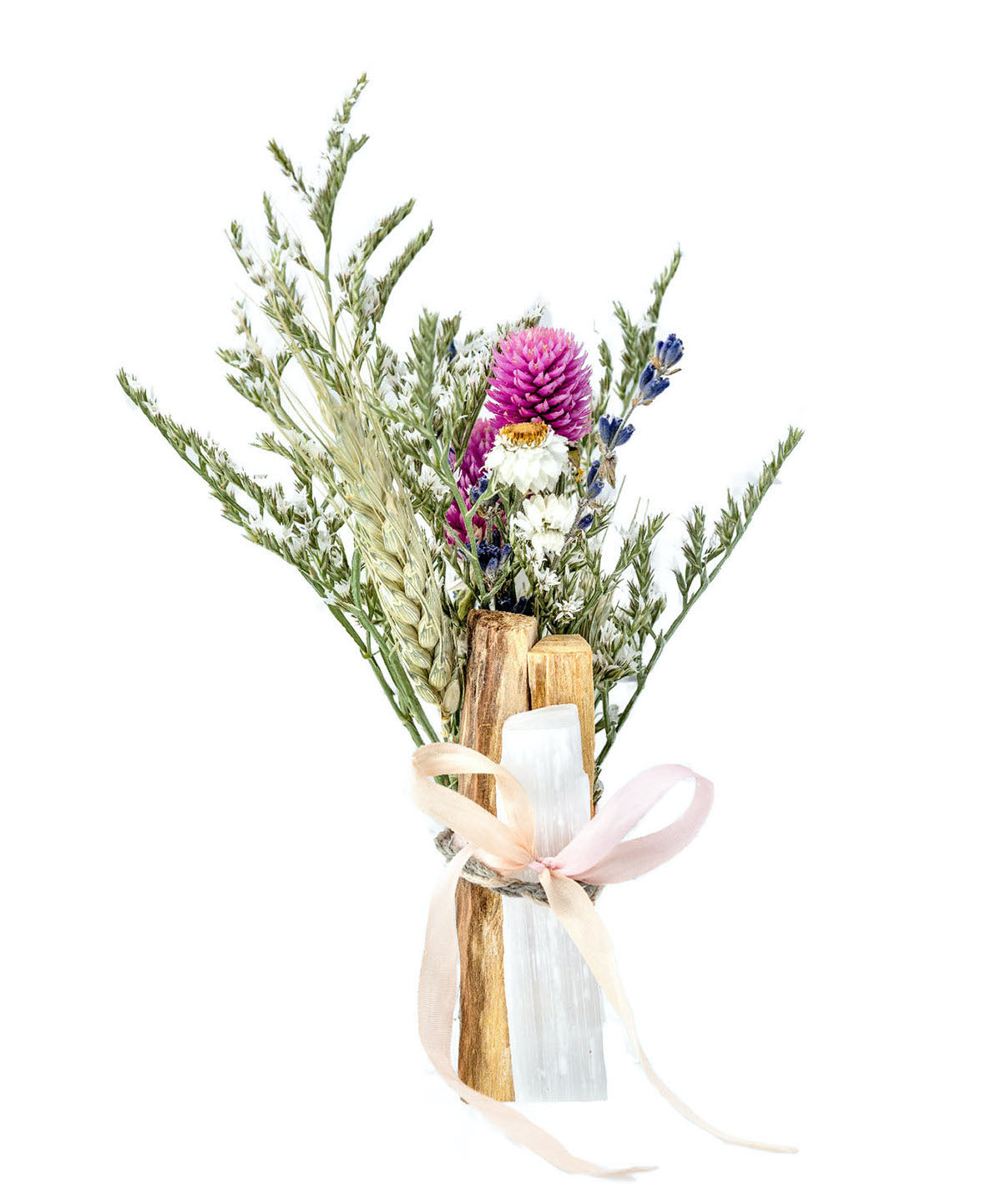 Uplifting Palo Santo selenite floral bouquet with dried pink, white, yellow flowers and greenery in a decorative arrangement