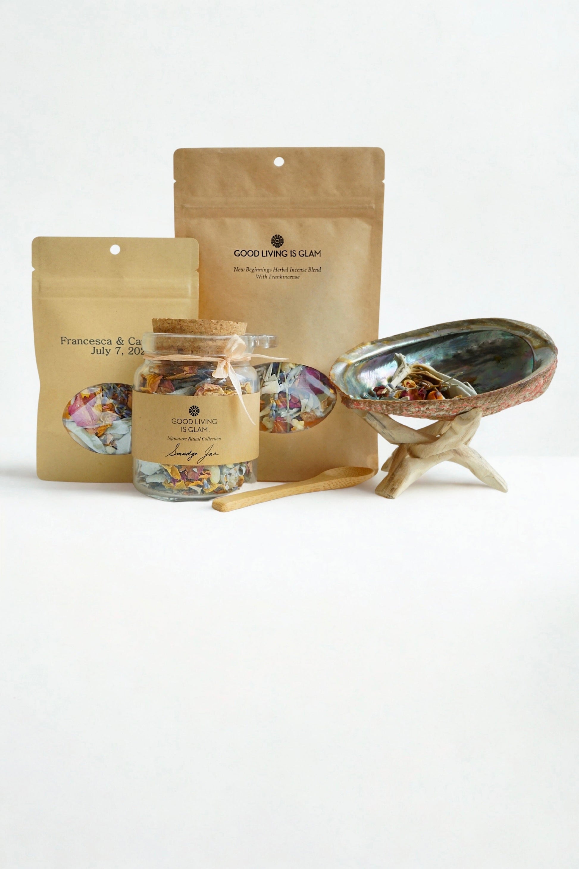 New Beginnings Herbal Incense Blend with frankincense rose lavender in eco-friendly packaging with abalone shell bowl and wooden spoon for smudging and meditation