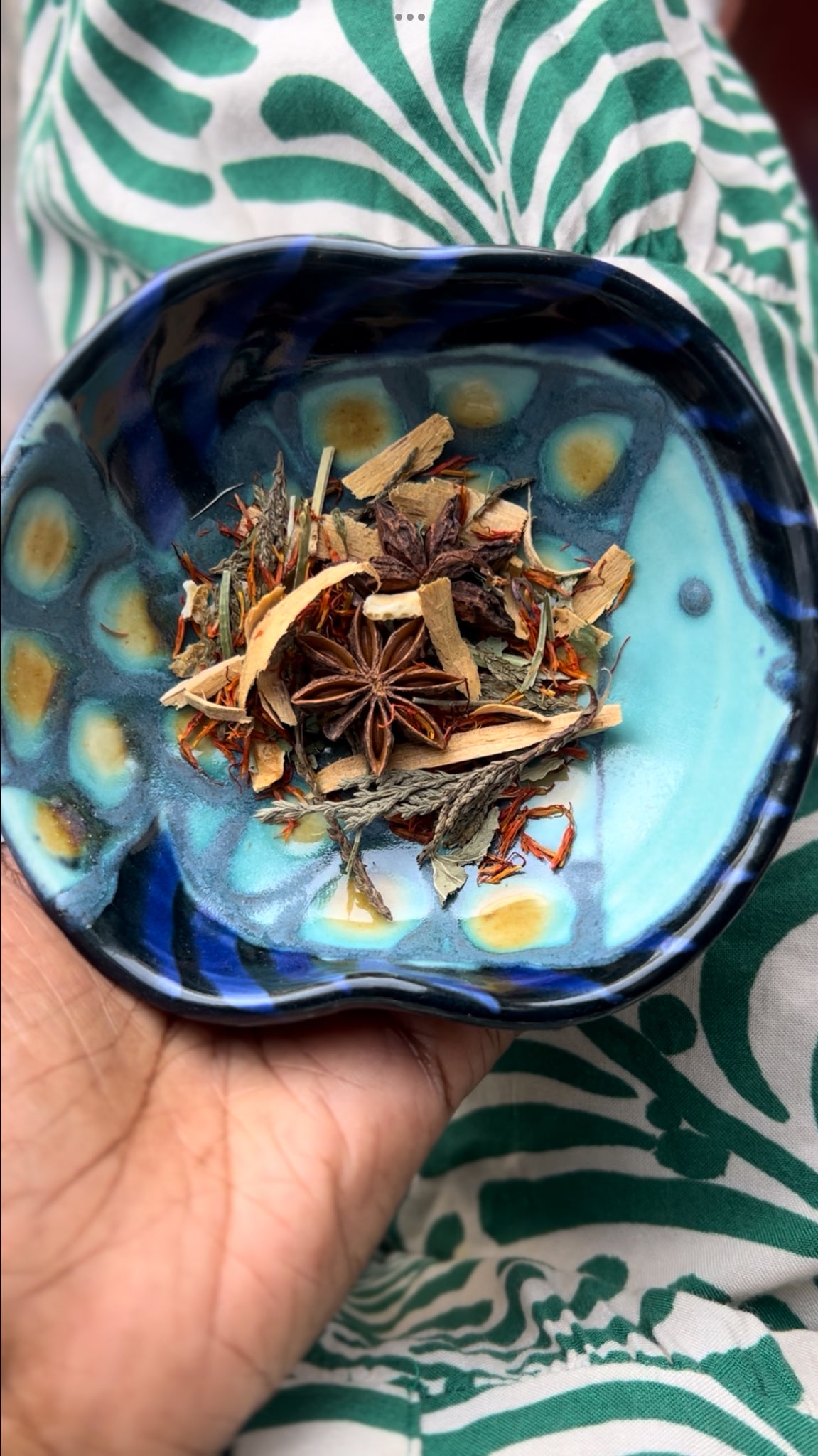 EverNourish Alchemy Set with aromatic herbs and spices in a blue ceramic bowl