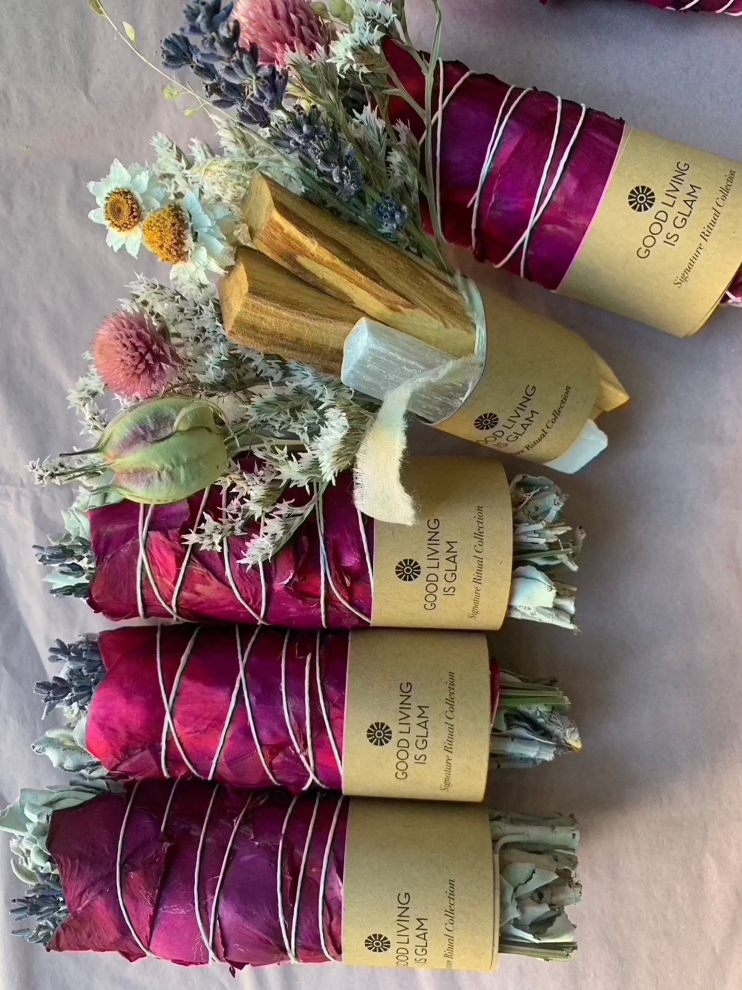 Inspiriting Rose Lavender Herbal Incense Bundle with dried flowers and calming herbs wrapped in rose petals