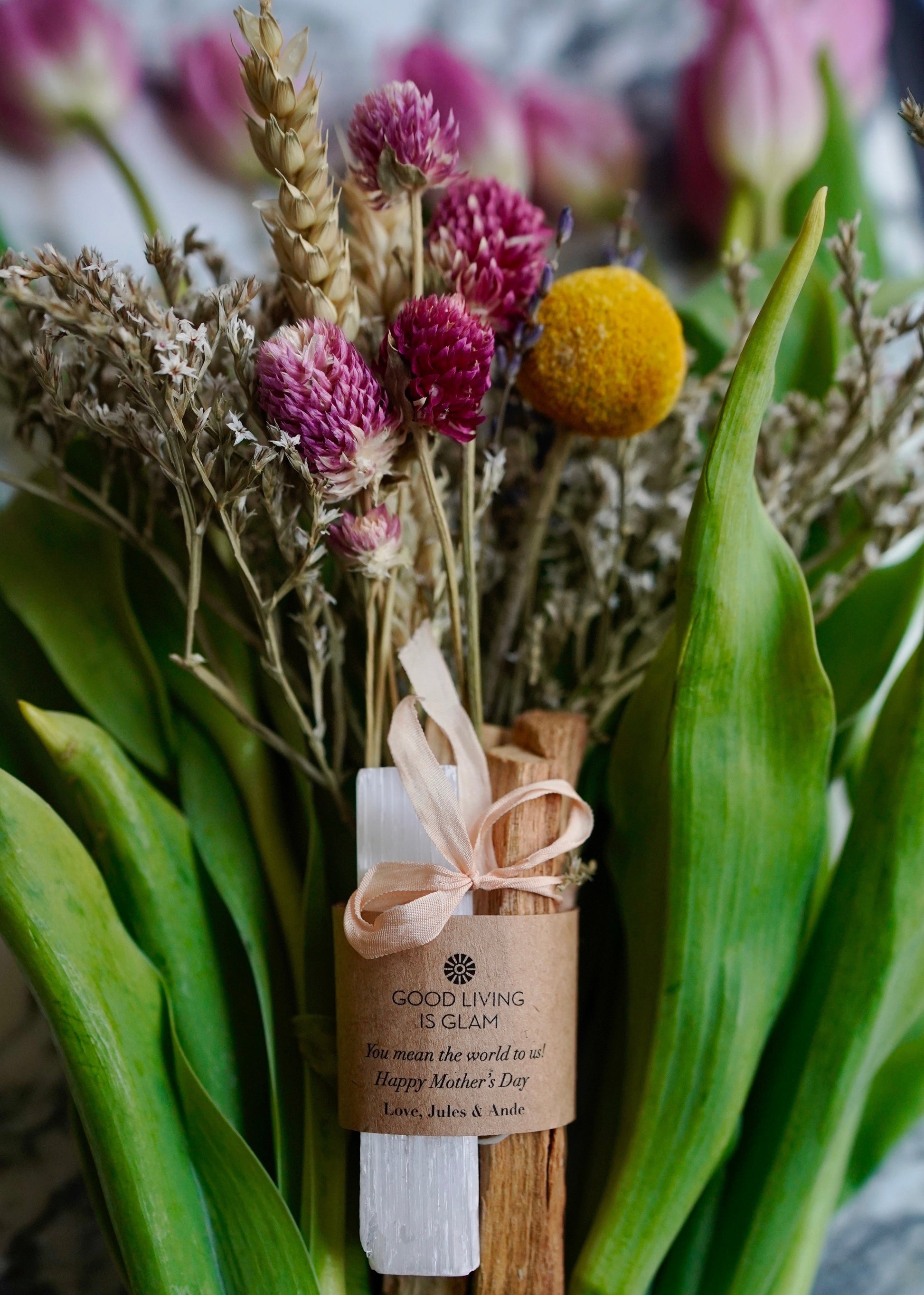 Uplifting Palo Santo Selenite floral bouquet with dried pink, white, and yellow blooms and selenite crystal centerpiece