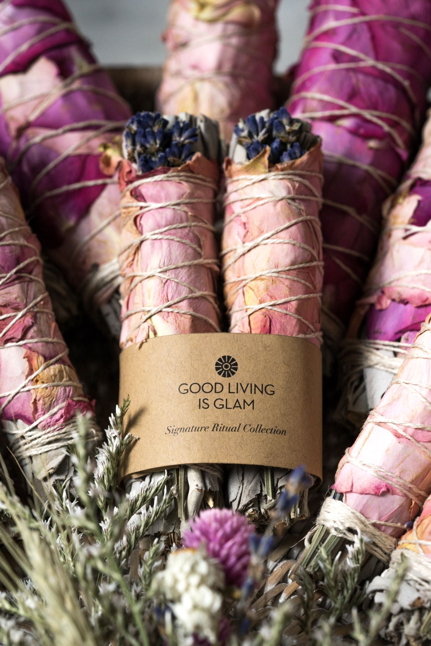Inspiriting Rose Lavender Herbal Incense Bundle Duo with dried flowers and wrapped smudge sticks for meditation and relaxation