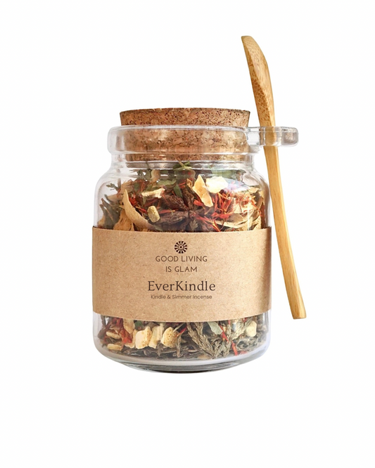 EverKindle Kindle & Simmer Incense jar with wooden spoon and cork lid filled with herbal and floral blend