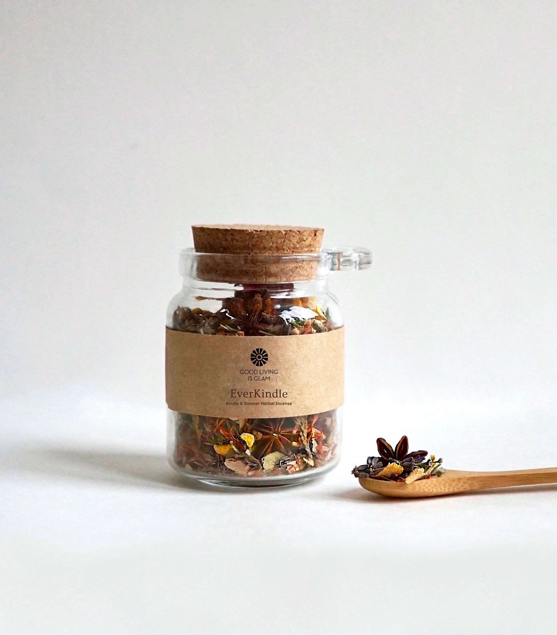 EverKindle Kindle & Simmer Incense jar with wooden spoon and cork lid filled with herbal and floral blend