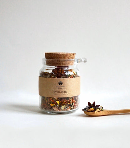 EverKindle Kindle & Simmer Incense jar with wooden spoon and cork lid filled with herbal and floral blend