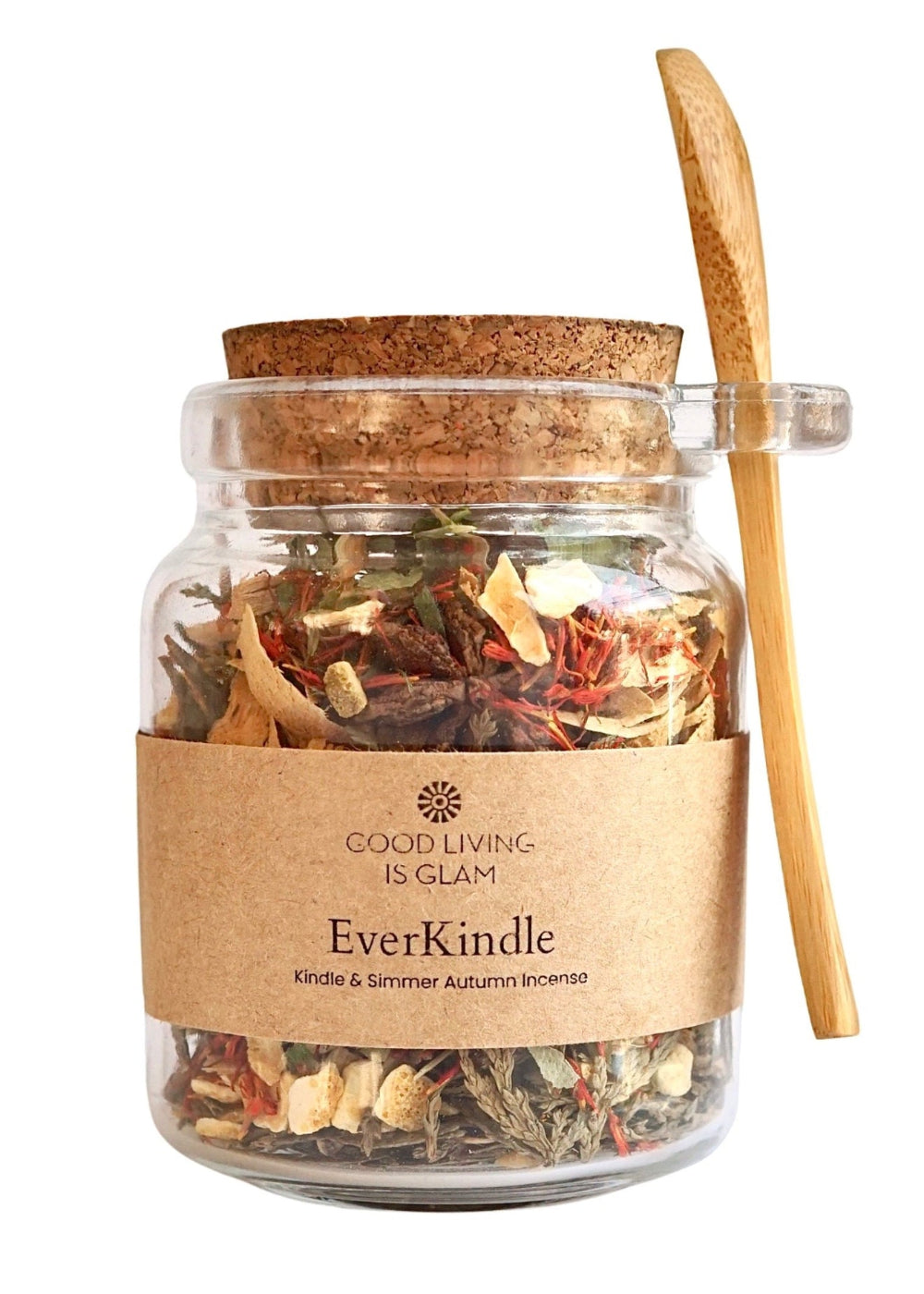 EverKindle Kindle & Simmer Autumn Incense in clear glass jar with cork lid and wooden spoon, herbal floral blend