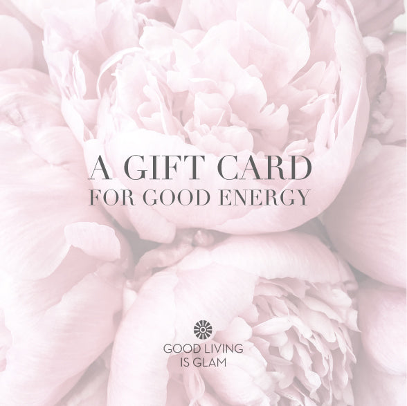 GLIG gift card for good energy with soft pink floral background and inspiring text