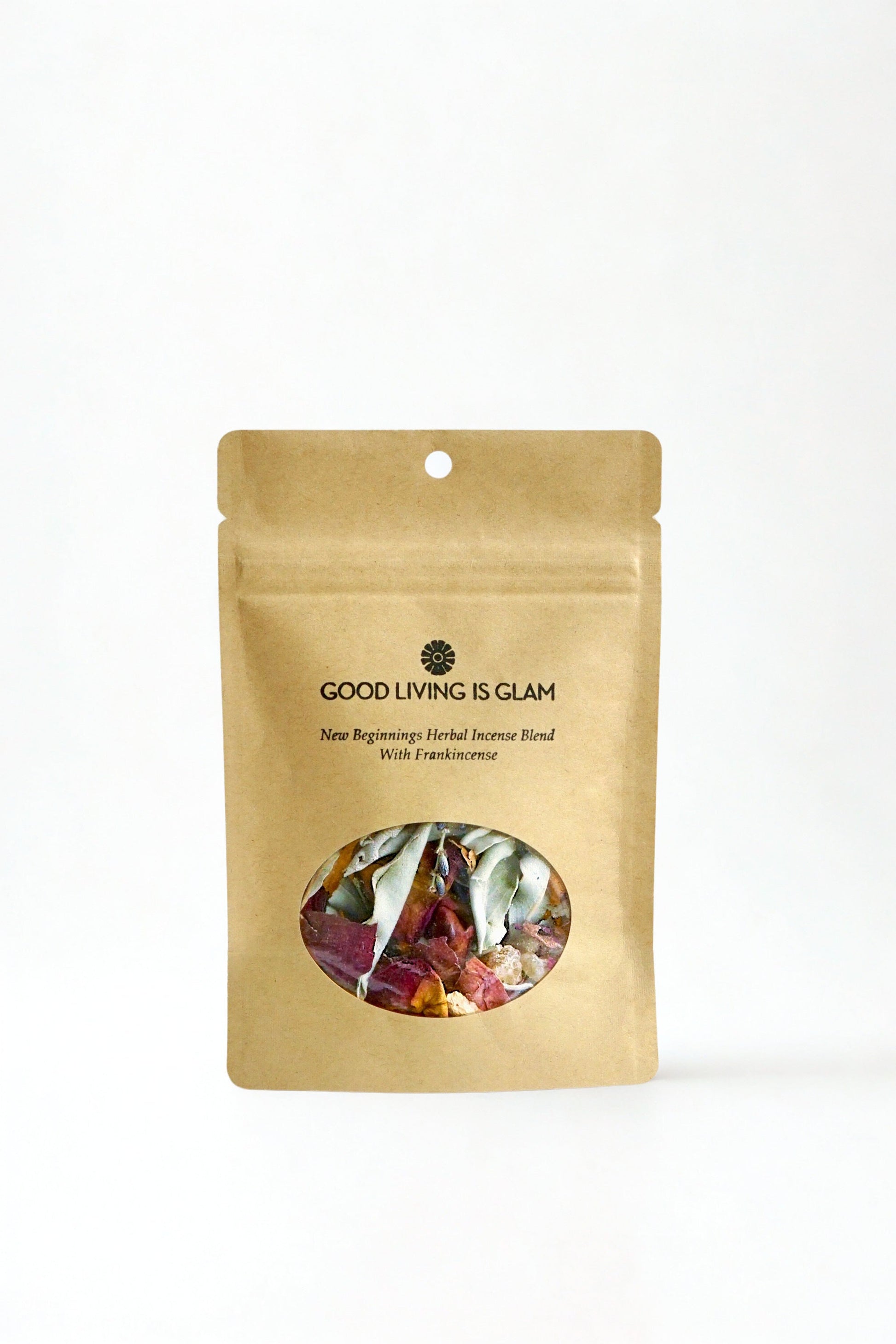 New Beginnings Herbal Incense Blend with Frankincense packaging, featuring aromatic herbs for relaxation and meditation.