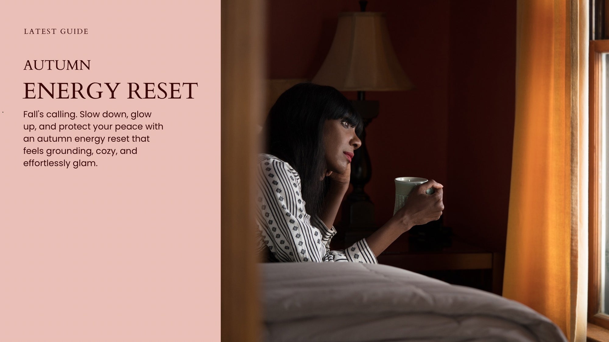 Woman sitting in bed holding a mug with text about an autumn energy reset on a pink sidebar.