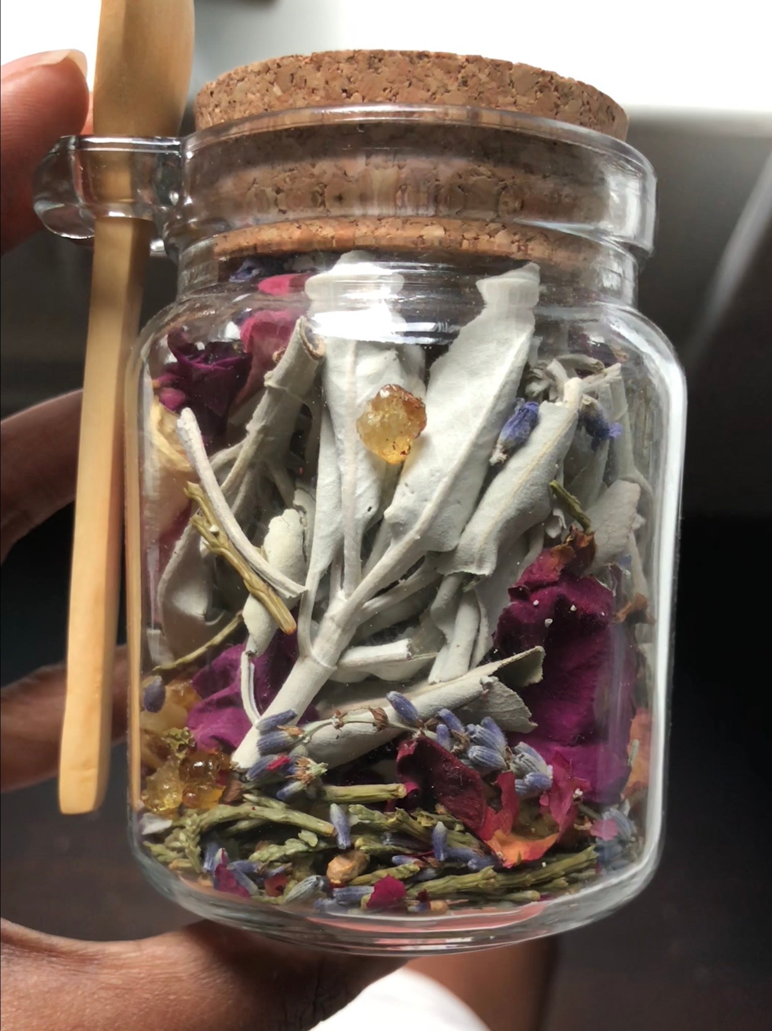 Nourish Your Energy Herbal Incense jar with abalone shell, dry brush, and lavender eye pillow for a calming bath ritual