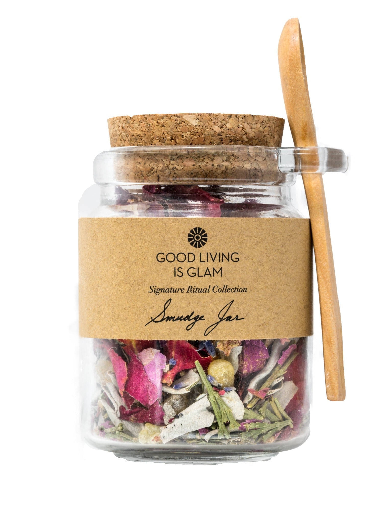NOURISH YOUR ENERGY HERBAL INCENSE JAR with rose, lavender, and frankincense smudging blend in glass jar with cork lid and wooden spoon.