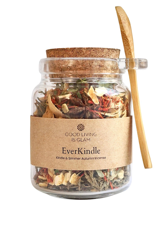 EverKindle Kindle & Simmer Autumn Incense jar with wooden spoon and cork lid filled with herbal and floral blend